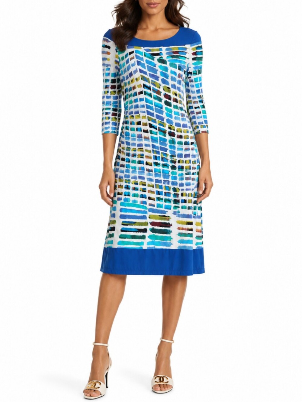 Kay Unger New York Abstract Brushstroke Sheath Midi Dress Size 8 Blue Teal Chic